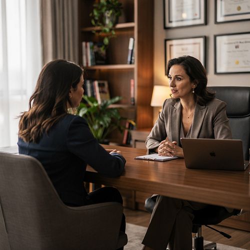 A matchmaker in a study interviewing a member across a wooden desk