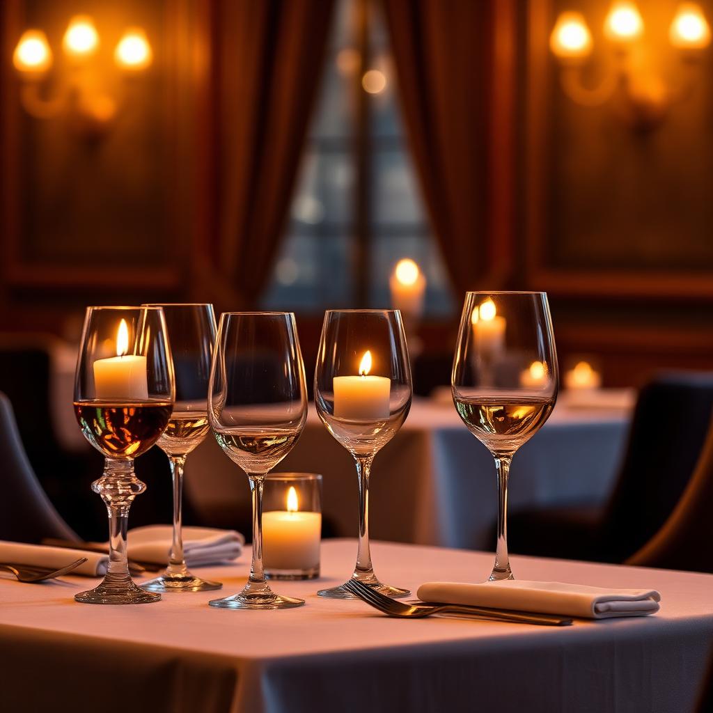 Elegant candlelit restaurant table set for two