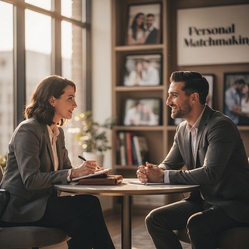 A matchmaker personally interviewing a candidate in a warm consultation room