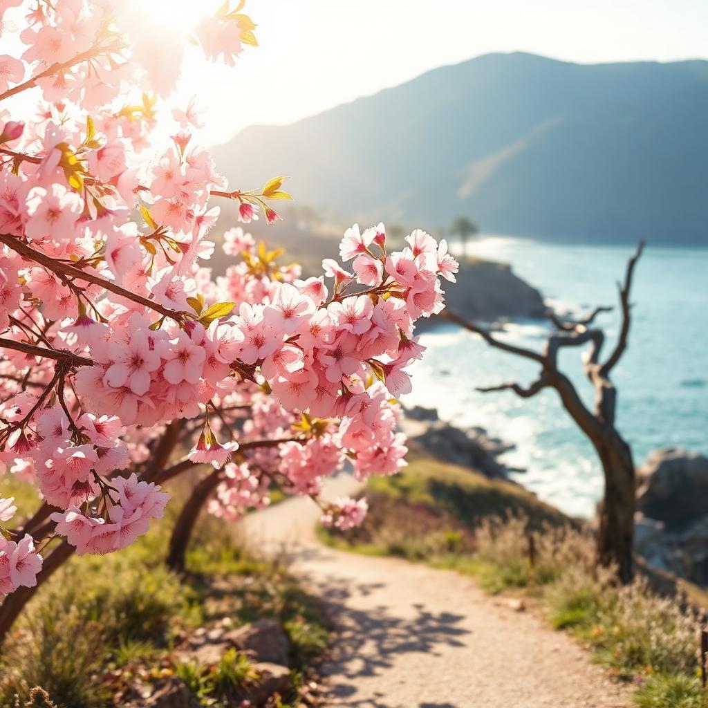 Cherry blossoms along a California coastal path in spring